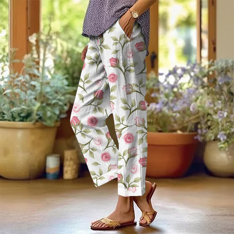  Vintage Watercolor Roses Pattern Pattern Print Casual Pocket Pants  - White - US 20 (5XL) - image 1