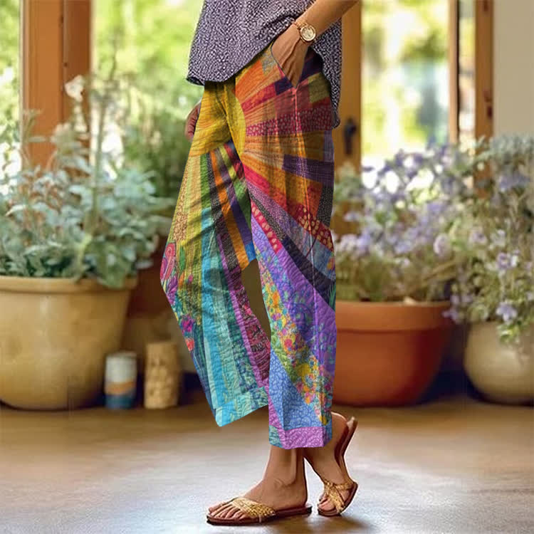 Hippie Sun Rays Multicolor Pattern Print Casual Pocket Pants  - Multicolor - US 20 (5XL) - image 1