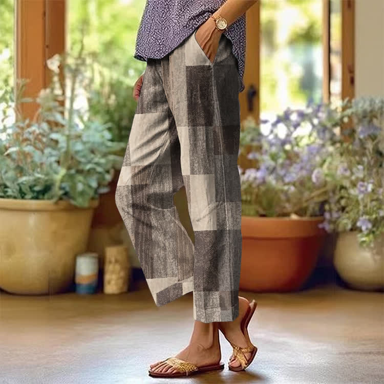 Vintage Color Block Texture Pattern Print Casual Pocket Pants  - Khaki - US 20 (5XL) - image 2