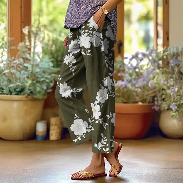 Vintage Floral Branch Pattern Print Casual Pocket Pants  - Olive Green - US 20 (5XL) - image 2