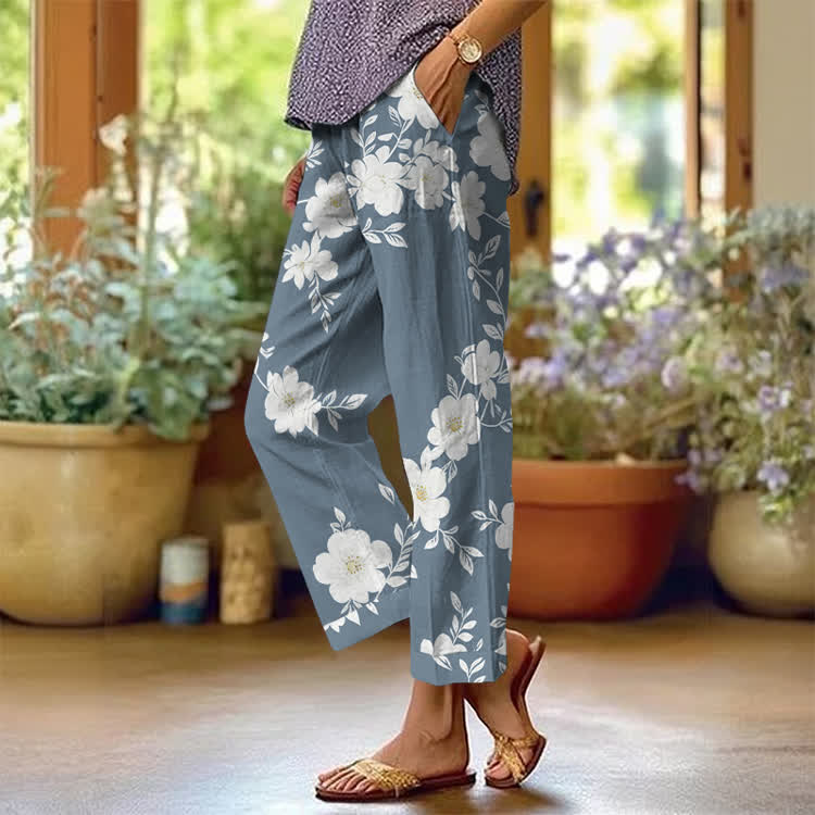 Vintage Floral Branch Pattern Print Casual Pocket Pants  - Light Blue - US 20 (5XL) - image 1