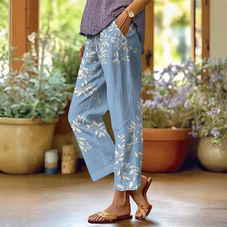 Vintage Casual Floral Pattern Print Casual Pocket Pants  - Light Blue - US 20 (5XL) - image 2
