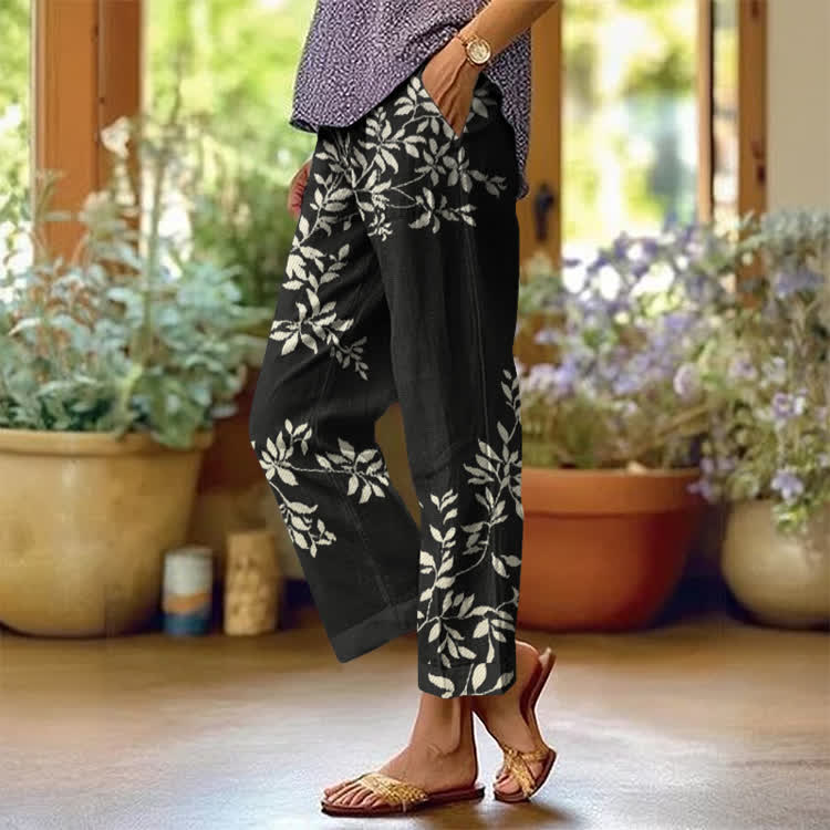 Vintage Casual Floral Pattern Print Casual Pocket Pants  - Black - US 20 (5XL) - image 3