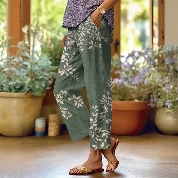 Vintage Casual Floral Pattern Print Casual Pocket Pants  - Green - US 20 (5XL) - image 1