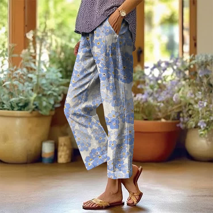Vintage Layered Watercolor Flowers Pattern Print Casual Pocket Pants  - White - US 20 (5XL) - image 1