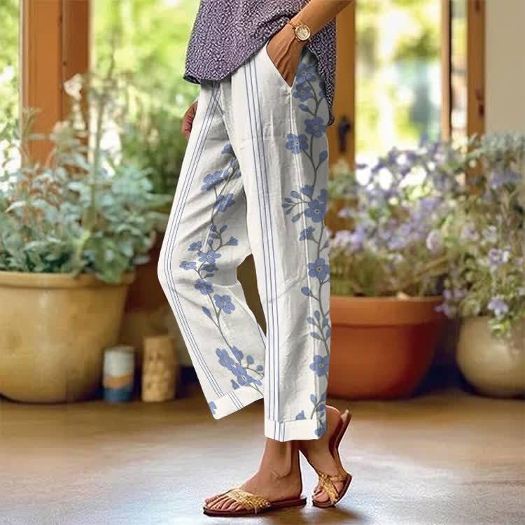 Watercolor Floral Stripes Pattern Print Casual Pocket Pants  - White - US 20 (5XL) - image 1
