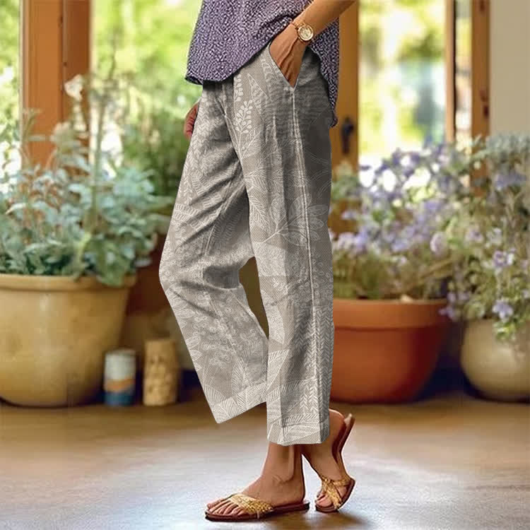 Fern Silhouettes Pattern Print Casual Pocket Pants  - Apricot - US 20 (5XL) - image 1