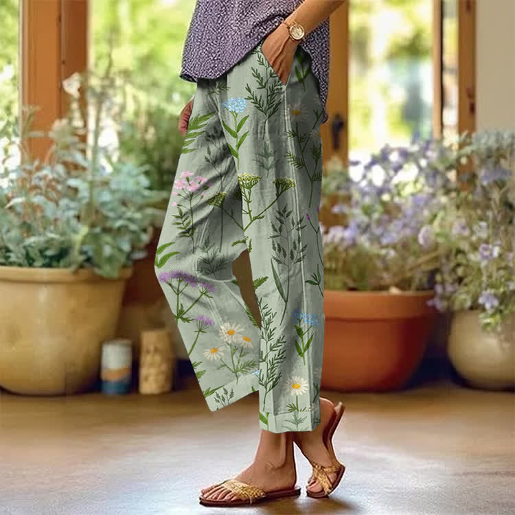 Wild Daisies Pattern Print Casual Pocket Pants  - Light Green - US 20 (5XL) - image 1