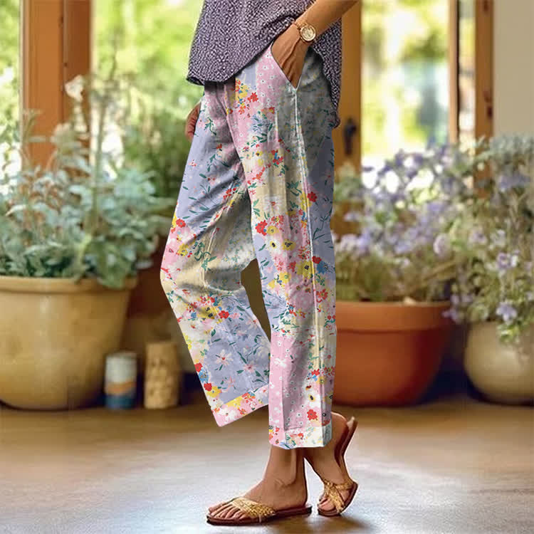 Pastoral Floral Patchwork Pattern Print Casual Pocket Pants  - Pink - US 20 (5XL) - image 1