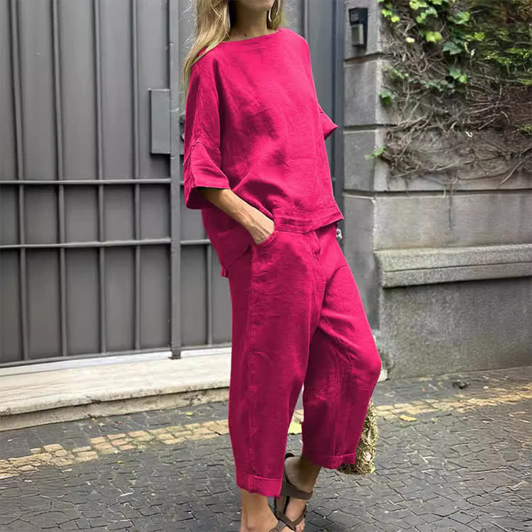 Cozy Solid Round-neck Half Sleeves Blouse & Pants Set - Rose - 5XL - image 2