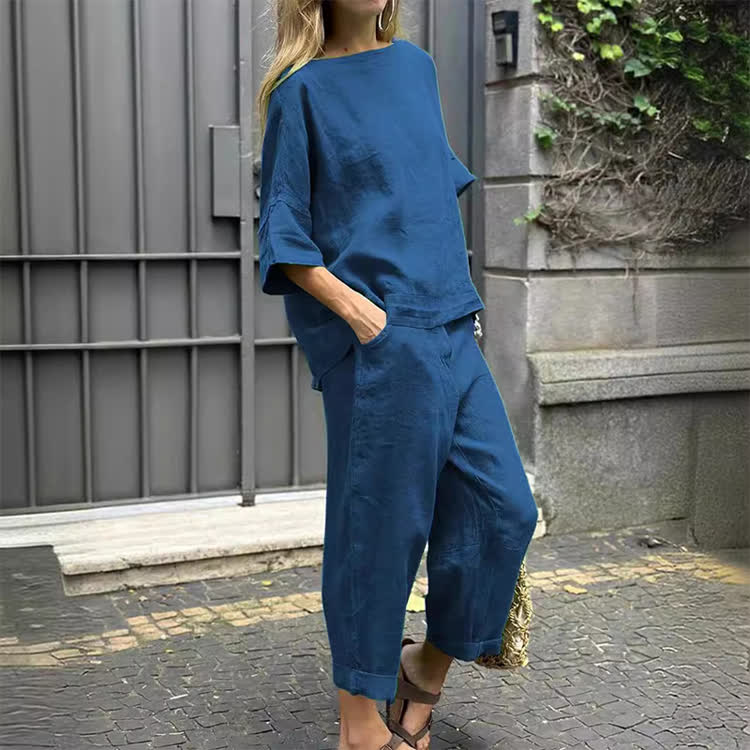 Cozy Solid Round-neck Half Sleeves Blouse & Pants Set - Dark Blue - 5XL - image 1