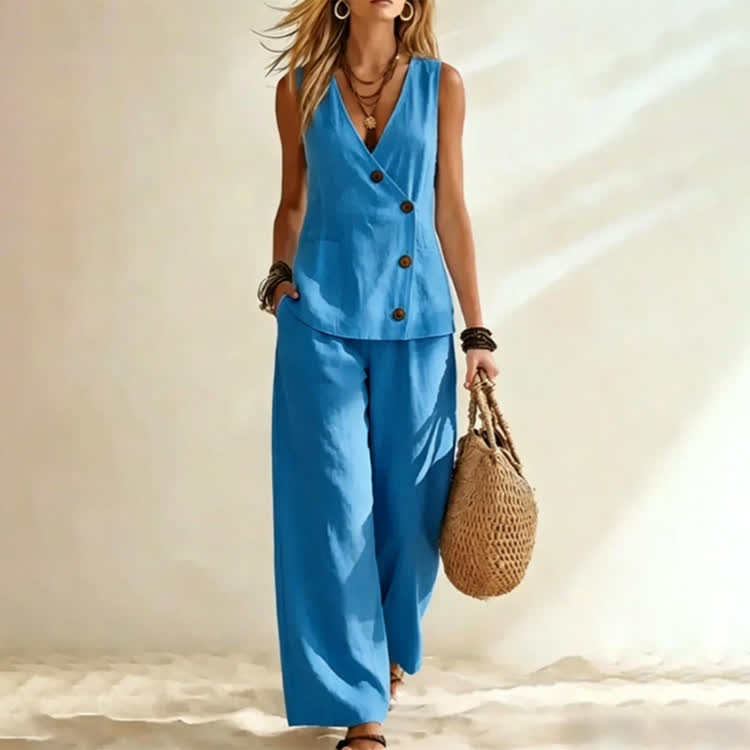 Cozy Solid wood-Button V-neck Sleeveless Top & Pants Set - Blue - 3XL - image 1