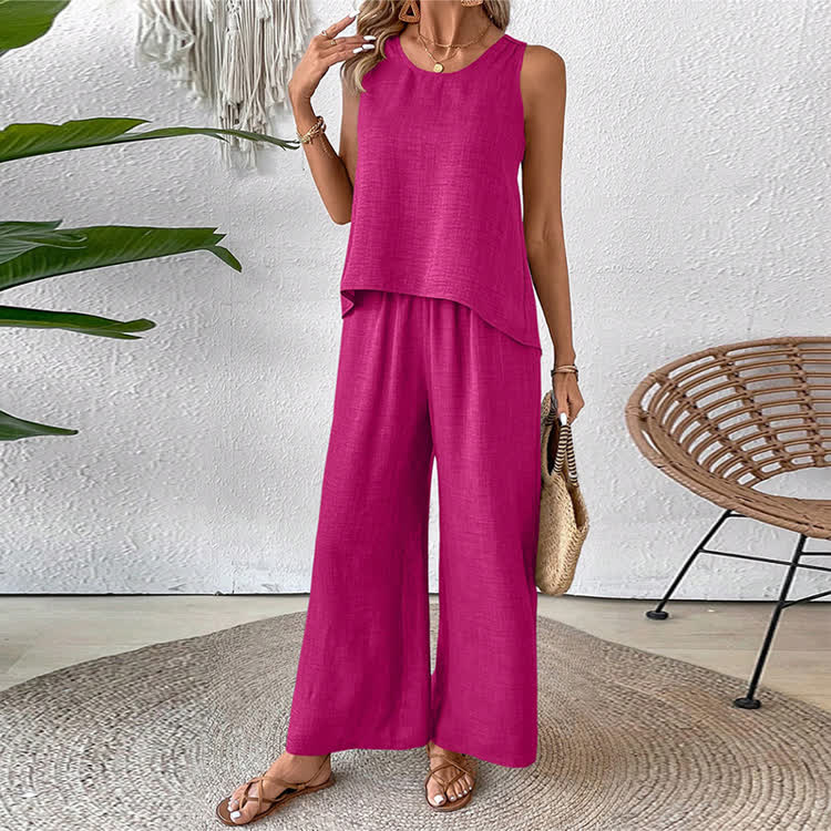 Boho Solid Woven Lace Round-neck Sleeveless Top & Pants Set - Rose - 2XL - image 2