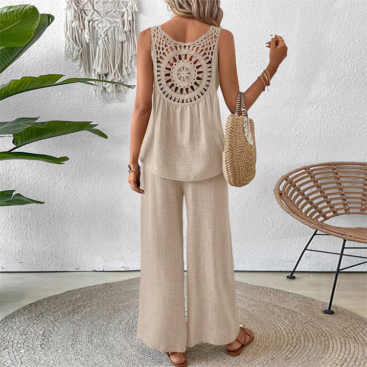 Boho Solid Woven Lace Round-neck Sleeveless Top & Pants Set - Apricot - 2XL - image 1