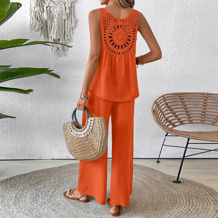 Boho Solid Woven Lace Round-neck Sleeveless Top & Pants Set - Orange - 2XL - image 6
