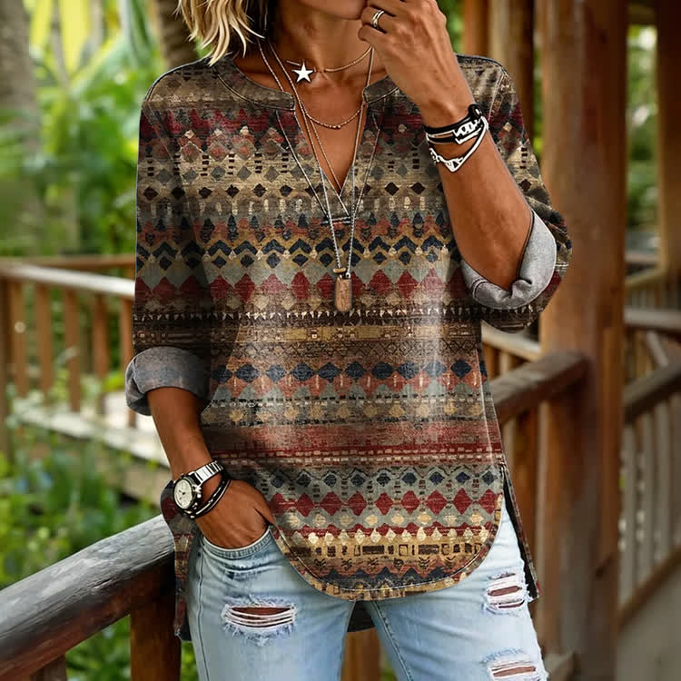 Boho Ethnic Geometric Stripes Patterns Print Long Sleeve Casual Blouse - Brown - US 30 (8XL) - image 1