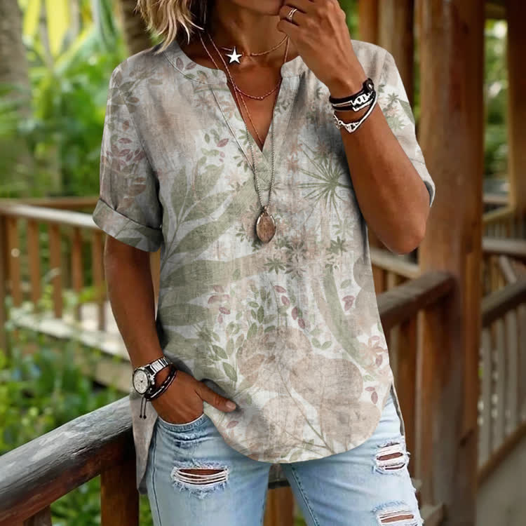 Boho Vintage Botanical Vein Silhouettes Pattern Print Short Sleeve Casual Blouse - White - 5XL - image 1