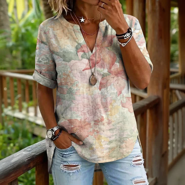 Boho Vintage Watercolor Floral Blends Pattern Print Short Sleeve Casual Blouse - White - 5XL - image 1