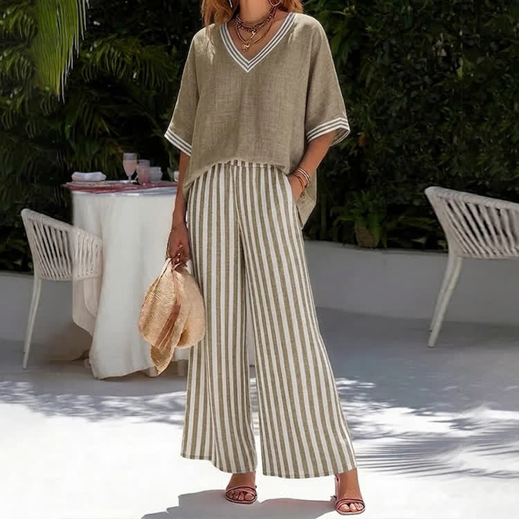 Elegant Stripe Print V-neck Half-sleeve Blouse & Wide-legs Pants Set - Khaki - 3XL - image 2
