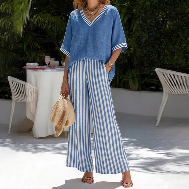 Elegant Stripe Print V-neck Half-sleeve Blouse & Wide-legs Pants Set - Blue - 3XL - image 1