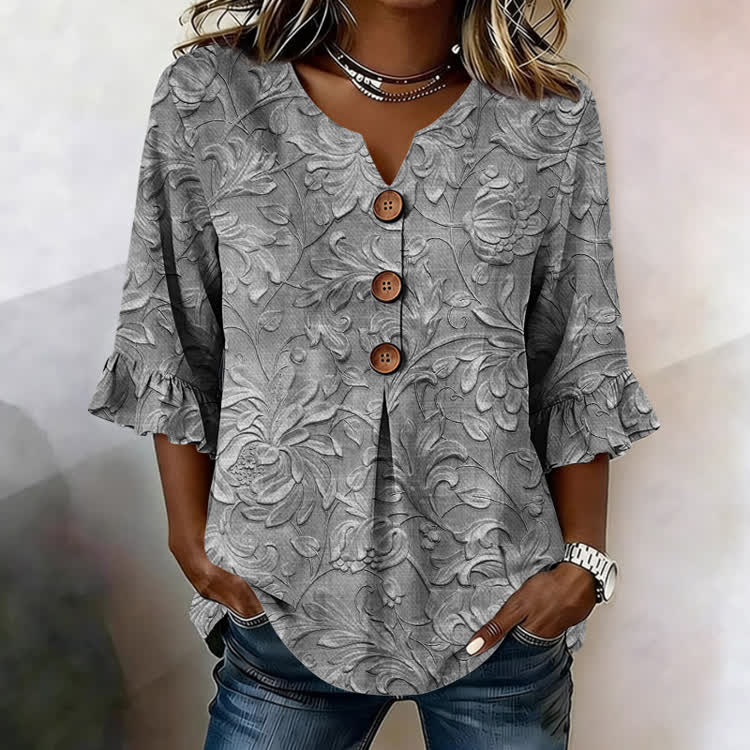 Boho Floral Texture Pattern Print Button V-Neck Blouse With Ruffle Sleeves - Dark Grey - US32-34(5XL) - image 1