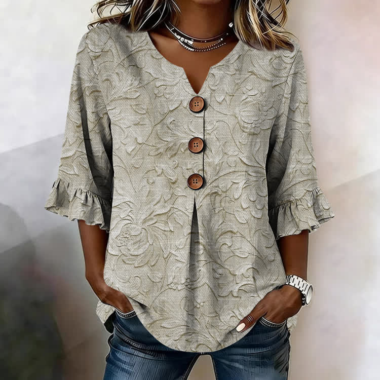 Boho Floral Texture Pattern Print Button V-Neck Blouse With Ruffle Sleeves - Apricot - US32-34(5XL) - image 2