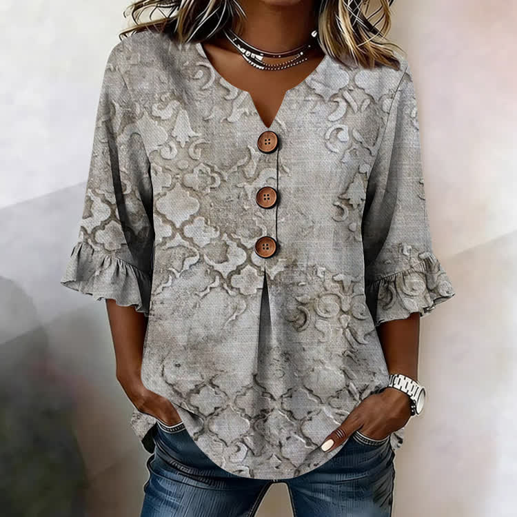 Boho Totem Degradation Texture Pattern Print Button V-Neck Blouse With Ruffle Sleeves - Apricot - US32-34(5XL) - image 2