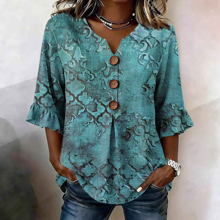 Boho Totem Degradation Texture Pattern Print Button V-Neck Blouse With Ruffle Sleeves - Lake Blue - US32-34(5XL) - image 1