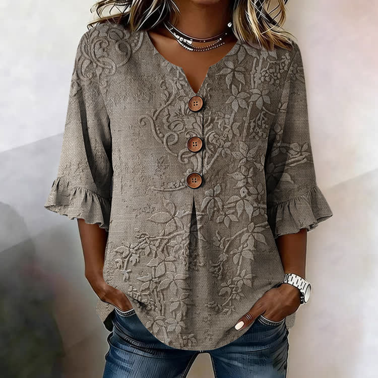 Boho Vintage  Subtle Floral Texture Pattern Print Button V-Neck Blouse With Ruffle Sleeves - Khaki - US32-34(5XL) - image 1