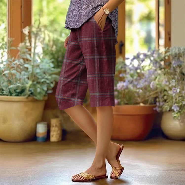 Classic Plaid Pattern Print Casual pocket Mid Short Pants  - Red - US 20 (5XL) - image 2