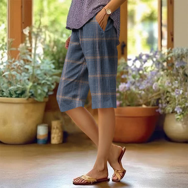 Classic Plaid Pattern Print Casual pocket Mid Short Pants  - Blue - US 20 (5XL) - image 1