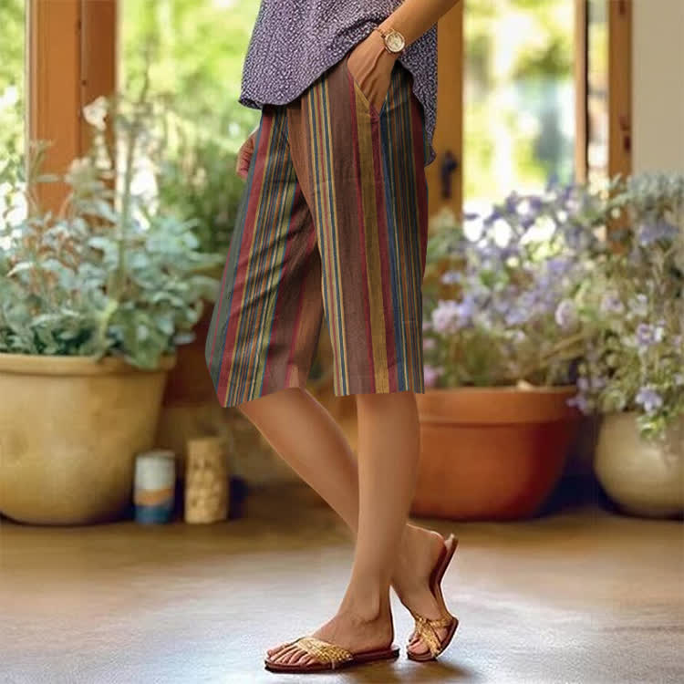 Vintage-style Colored Stripes Pattern Print Casual Pocket Mid Short Pants  - Brown - US 20 (5XL) - image 1