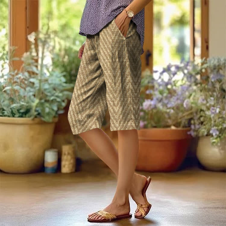 Classic Herringbone Pattern Print Casual Pocket Mid Short Pants  - Khaki - US 20 (5XL) - image 2