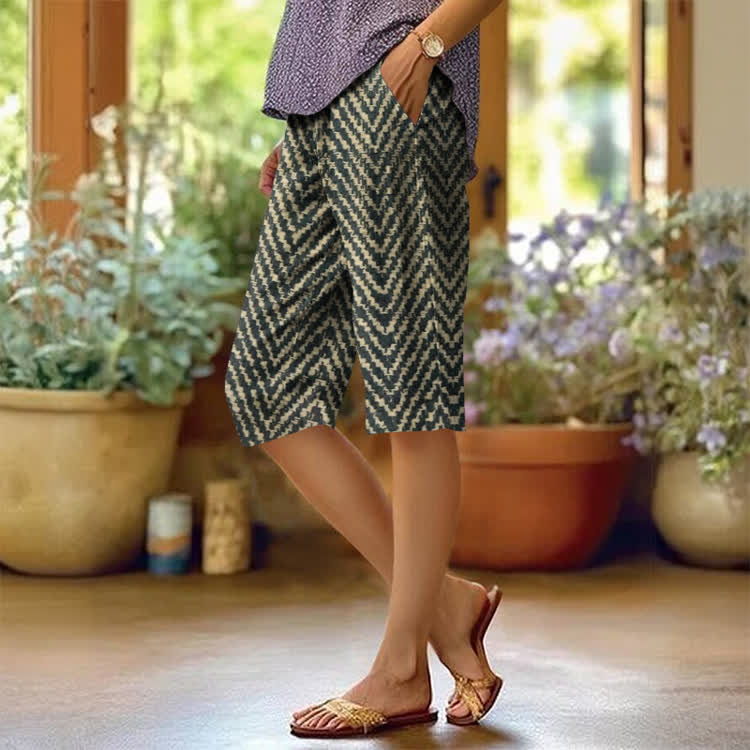 Classic Herringbone Pattern Print Casual Pocket Mid Short Pants  - Dark Blue - US 20 (5XL) - image 3