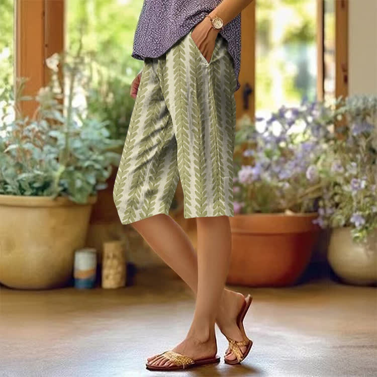 Elegant Wheat-ear Pattern Print Casual Pocket Mid Short Pants  - Olive Green - US 20 (5XL) - image 1