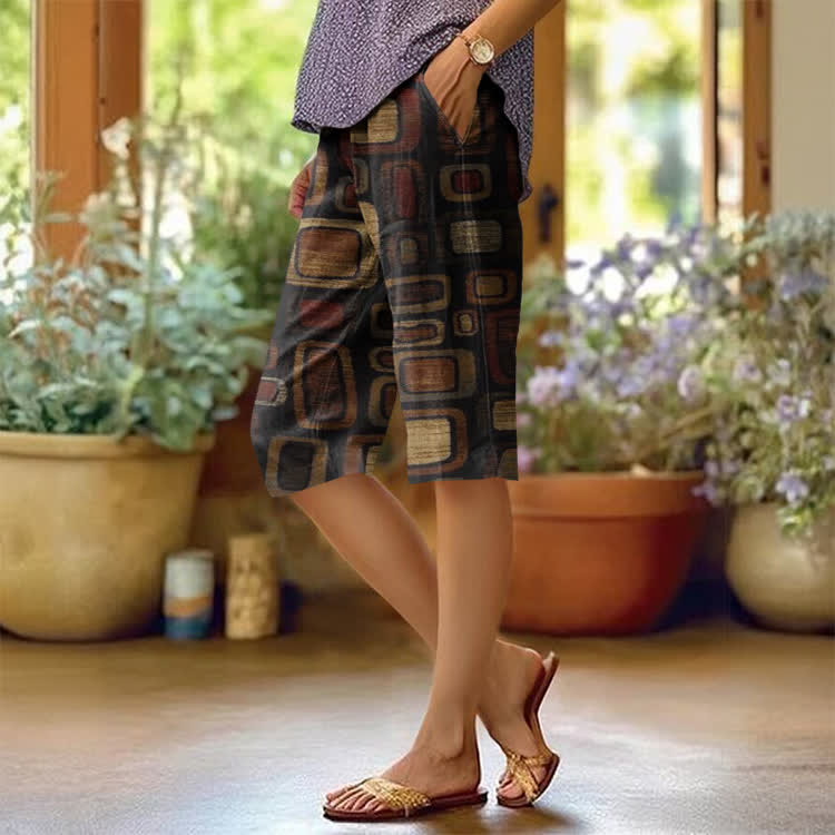 Retro Geometric Pattern Print Casual Pocket Mid Short Pants  - Black - US 20 (5XL) - image 1