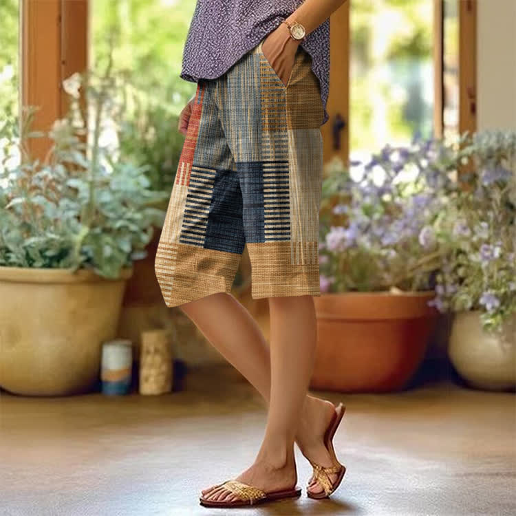Retro Geometric Color-block Patchwork Pattern Print Casual Pocket Mid Short Pants  - Khaki - US 20 (5XL) - image 1