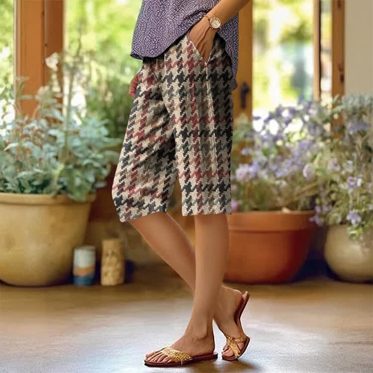 Retro Colorful Houndstooth Pattern Print Casual Pocket Mid Short Pants  - Apricot - US 20 (5XL) - image 1