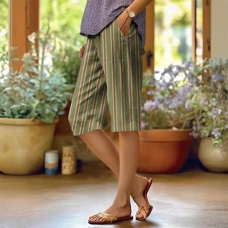 Retro Color-block Stripes Pattern Print Casual Pocket Mid Short Pants  - Olive Green - US 20 (5XL) - image 1