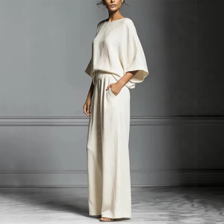 Elegant Solid Round-neck 3/4 Wide-sleeve Blouse & Wide-legs Pants Set - image 2