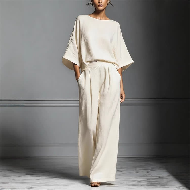Elegant Solid Round-neck 3/4 Wide-sleeve Blouse & Wide-legs Pants Set - White - 3XL - image 1