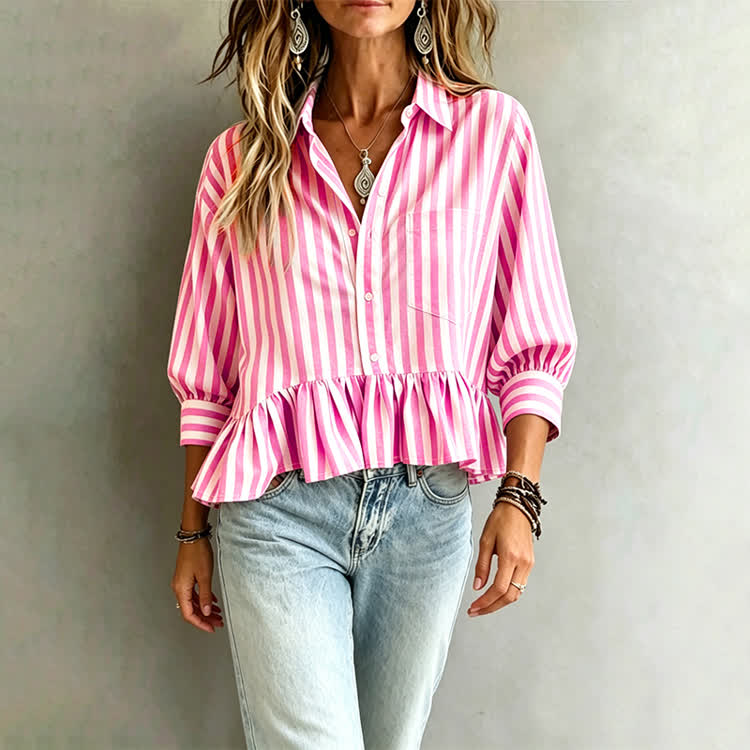 Women's Casual Striped 3/4 Sleeve Button-down Shirt - Pink - 2XL - image 2