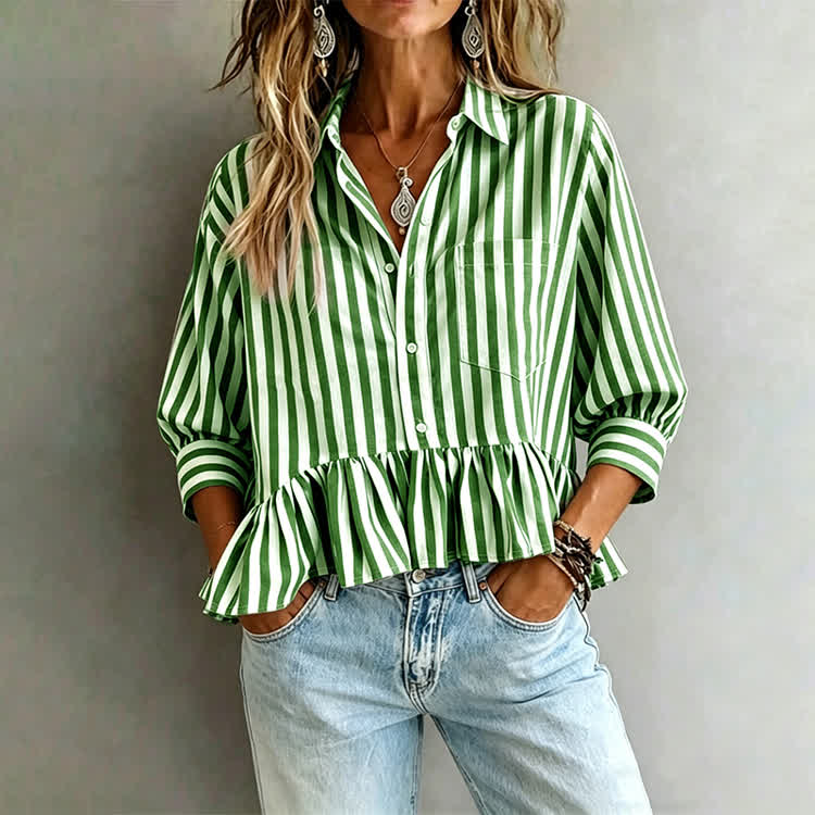 Women's Casual Striped 3/4 Sleeve Button-down Shirt - Green - 2XL - image 1