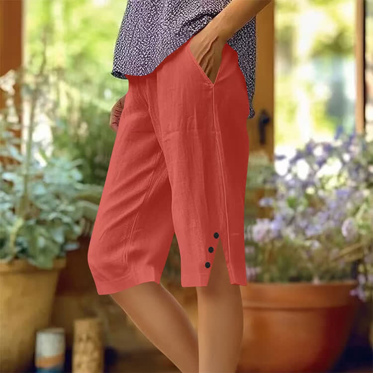 Elegant Solid Cozy Button-notch Hem Casual Pocket Capri Mid Pants  - Orange - 5XL - image 16