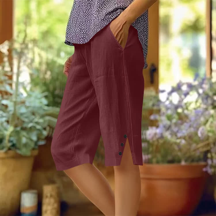Elegant Solid Cozy Button-notch Hem Casual Pocket Capri Mid Pants  - Wine - 5XL - image 19