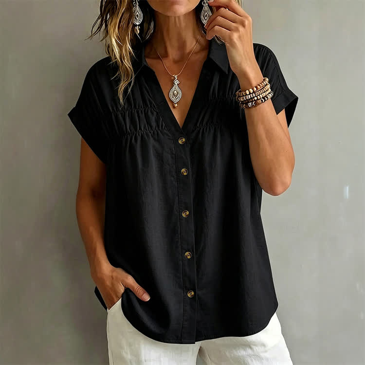 Women's Casual Solid V-neck Button-up Short-sleeve Blouse - Black - 2XL - image 2
