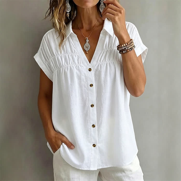 Women's Casual Solid V-neck Button-up Short-sleeve Blouse - White - 2XL - image 1