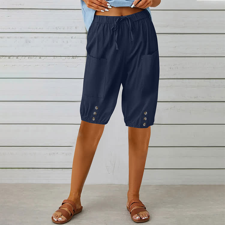 Elegant Solid Cozy Button-tab Hem Casual Pocket Capri Mid Pants  - Navy Blue - 3XL - image 2