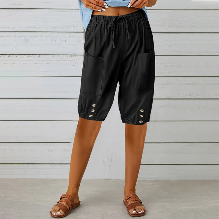 Elegant Solid Cozy Button-tab Hem Casual Pocket Capri Mid Pants  - Black - 3XL - image 1
