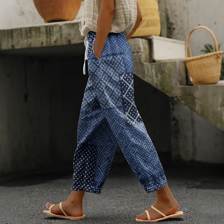 Vintage Indigo Geometric Patchwork Pattern Print Casual Pocket Pants  - Dark Blue - US 20 (5XL) - image 1